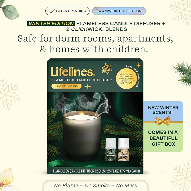 LifeLines Flameless Candle Diffuser - Winter Edition Gift Set - Aromatherapy Essential Oil Diffuser with 2 Holiday ClickWick Blends - Cordless & Waterless for Home - Electric Candles Blow Out Flame - Image 2